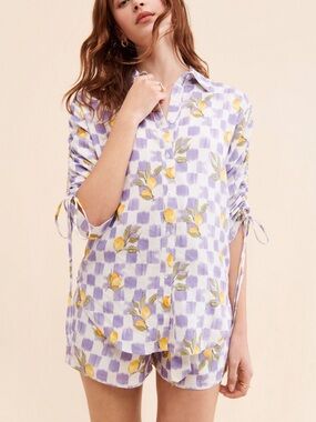 La Porte Lavender & Yellow Lemon Printed Cinch Sleeve Shirt Button-Down Top